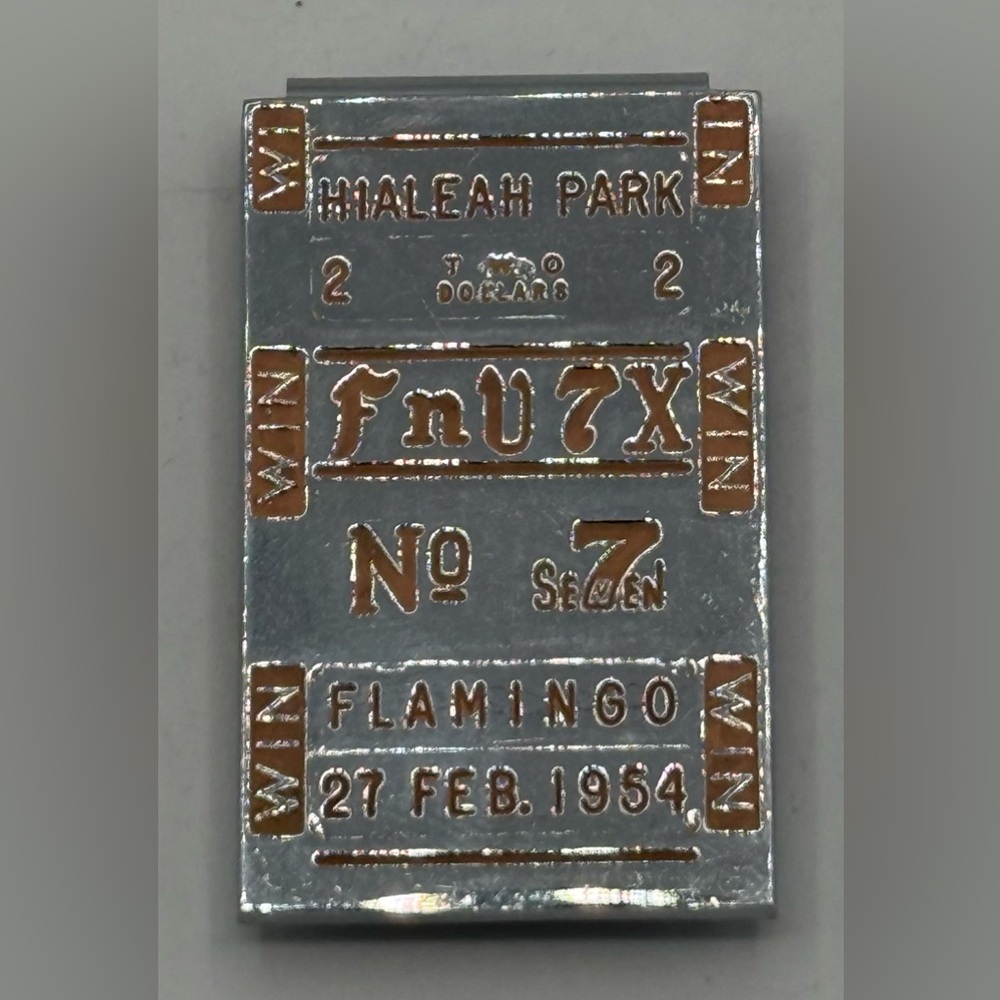 Hialeah Race Track Money Clip 7th Race February 27, 1954 “Flamingo” Chrome Vtg‎